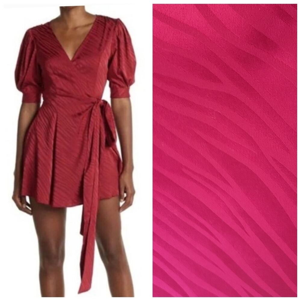 Ronny Kobo Ana Wrap Dress, Size Small, Red Satin Zebra Print, Puff Sleeve